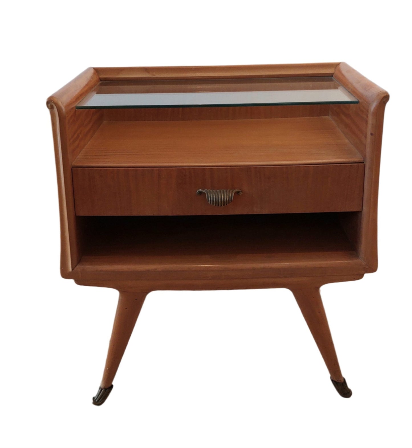 single bedside in cherry wood with brass handles and glass shelf