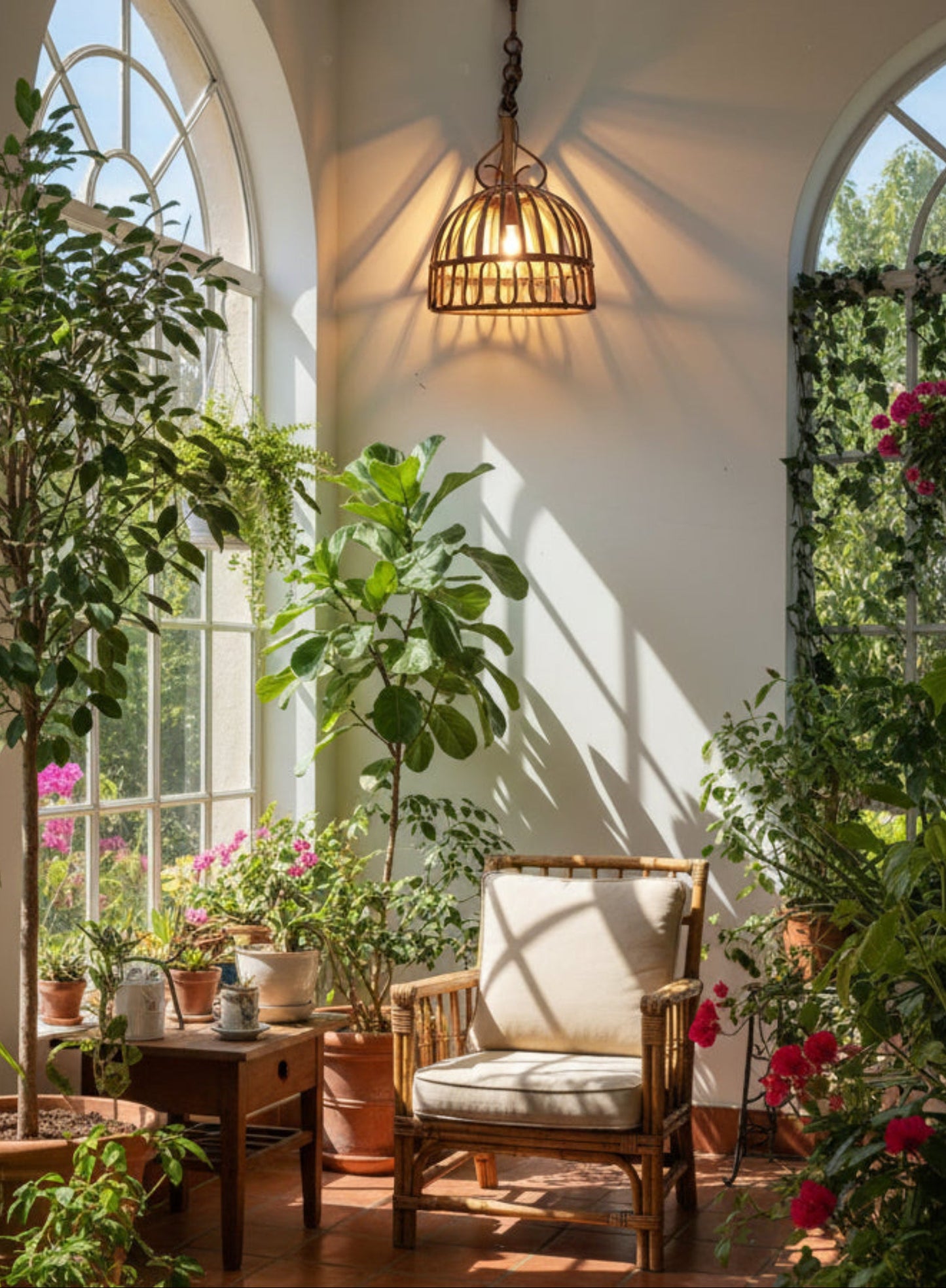 Cozy indoor setting with a bamboo lamp, wooden armchair, table, and plants in a sunlit room.