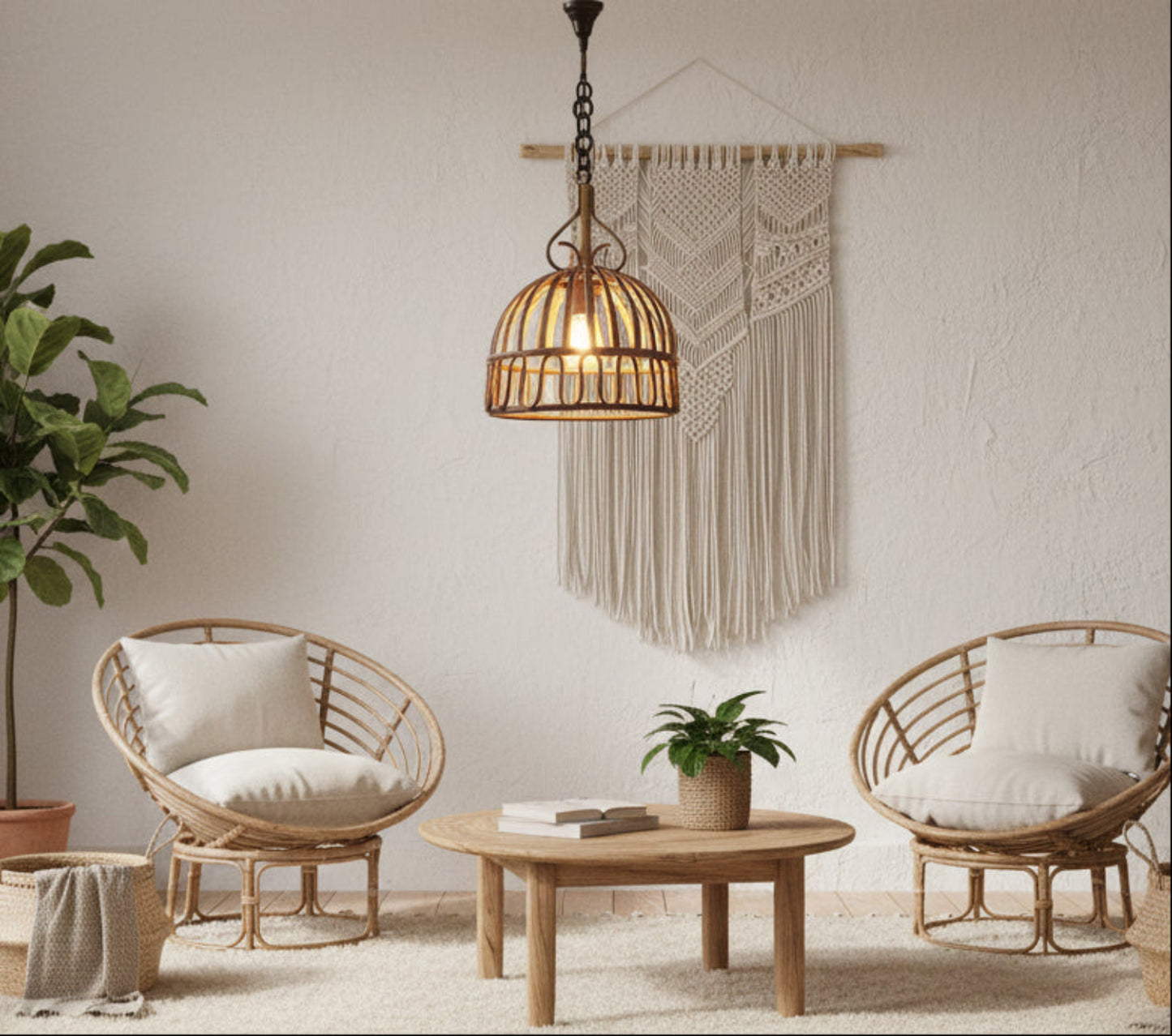 Vintage-style pendant light with wicker basket design on a white background