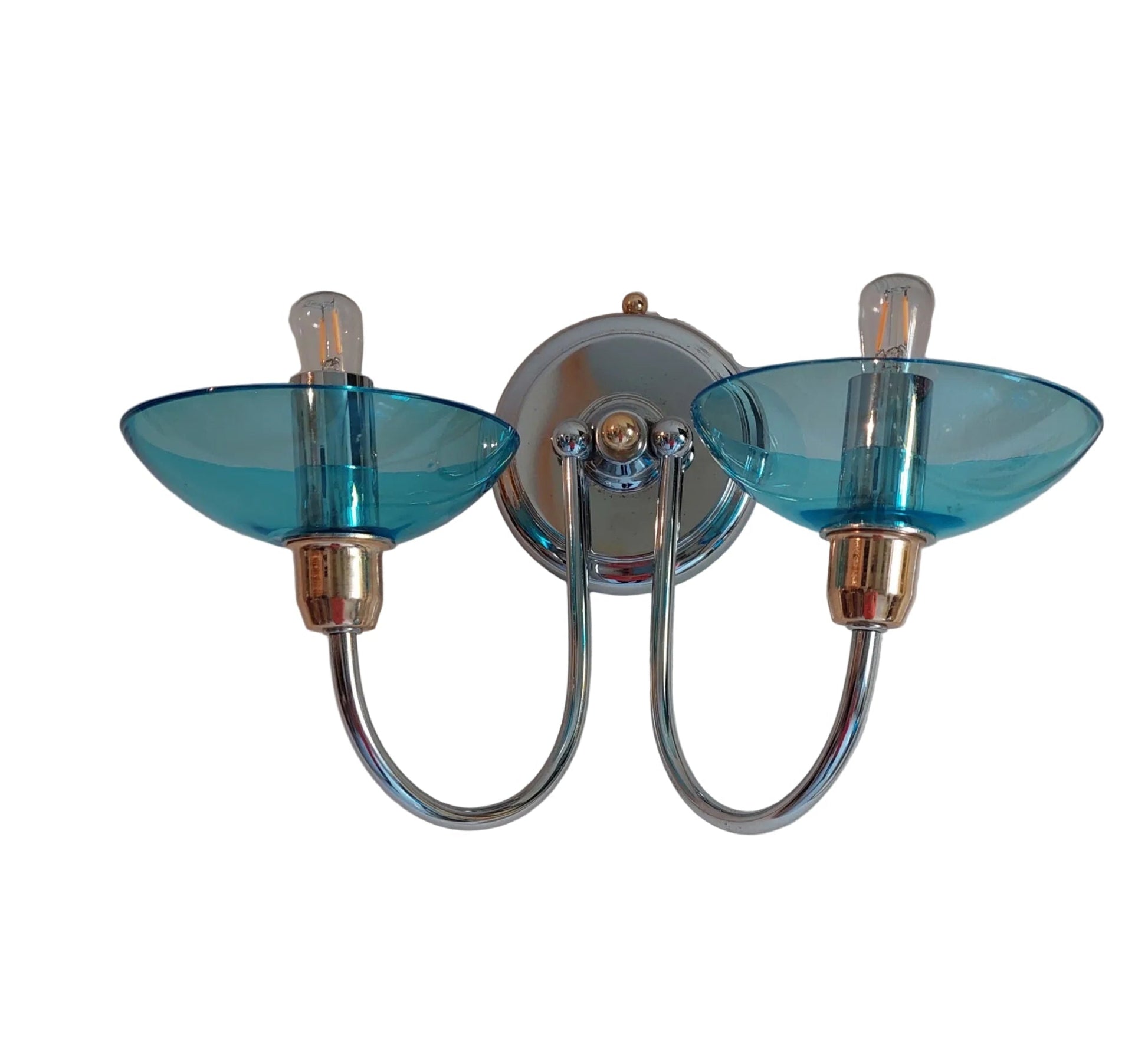 Wall-mounted light fixture with blue glass shades on a white background