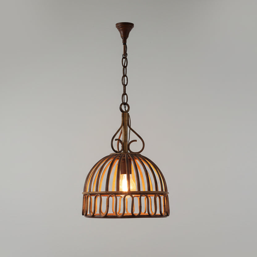 Vintage-style bamboo pendant light with intricate design on a gray background