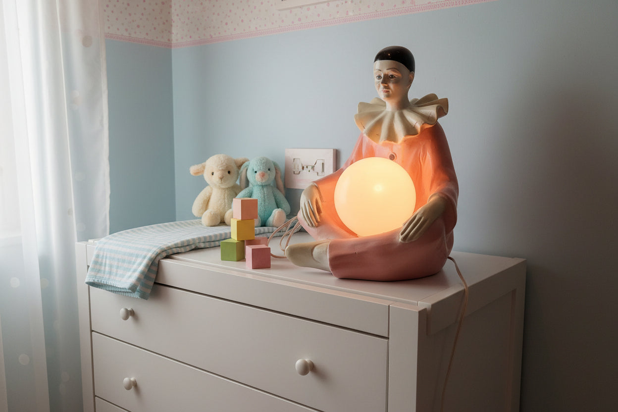 Ceramic clown figurine with a glowing light bulb inside on a dark background