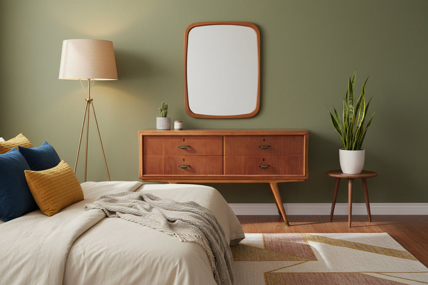 Bedroom with Mid-century wooden dresser, mirror, and decorative pillows on a bed.