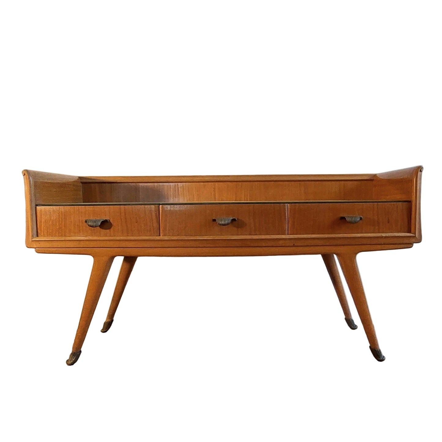 Wooden console table with three drawers on a white background
