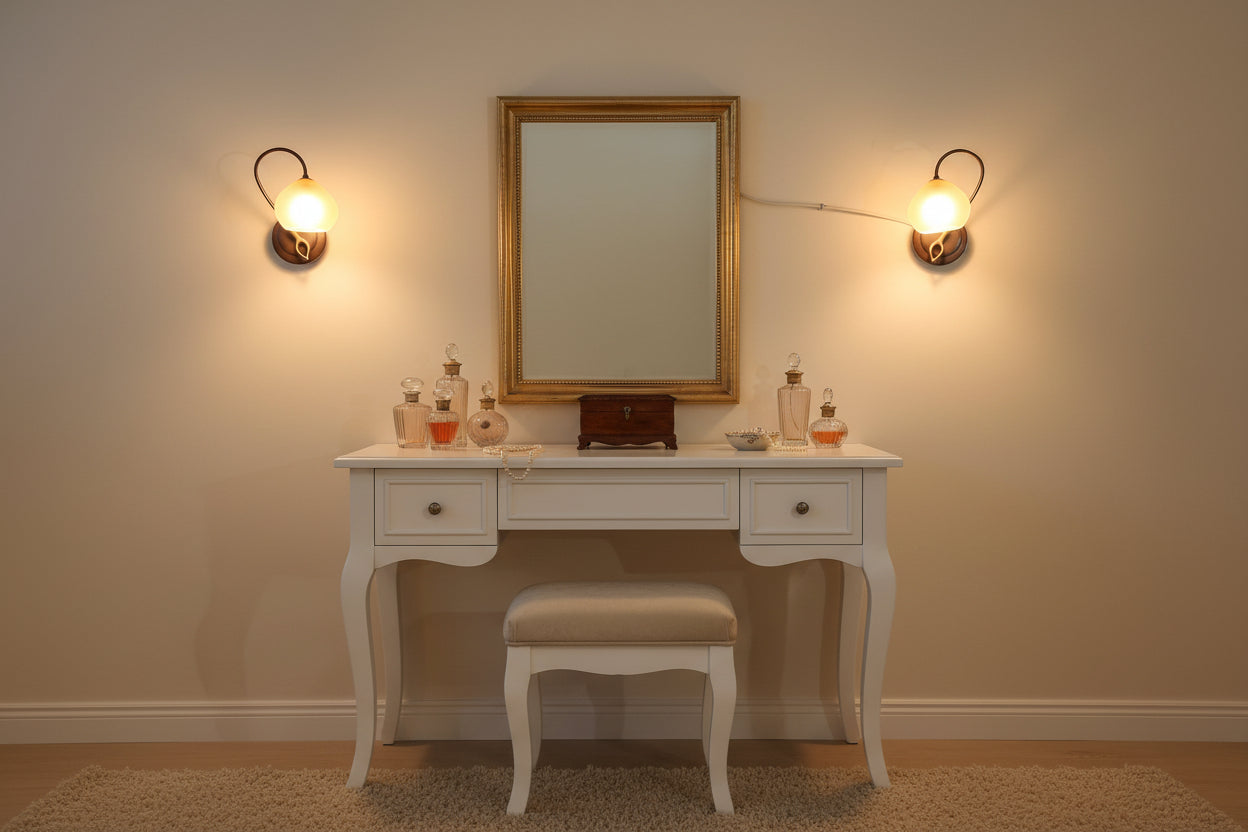 2 Marchetti wall lights lit either side of a white dressing table