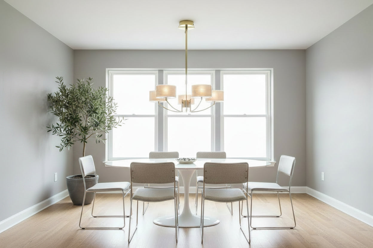 Chandelier with five cylindrical lampshades on a white background