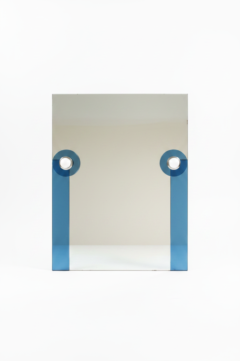 Italian Blue Framed Mirror with lights from the 70s