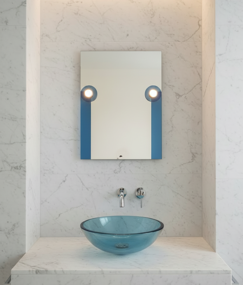 Italian Blue Framed Mirror with lights from the 70s