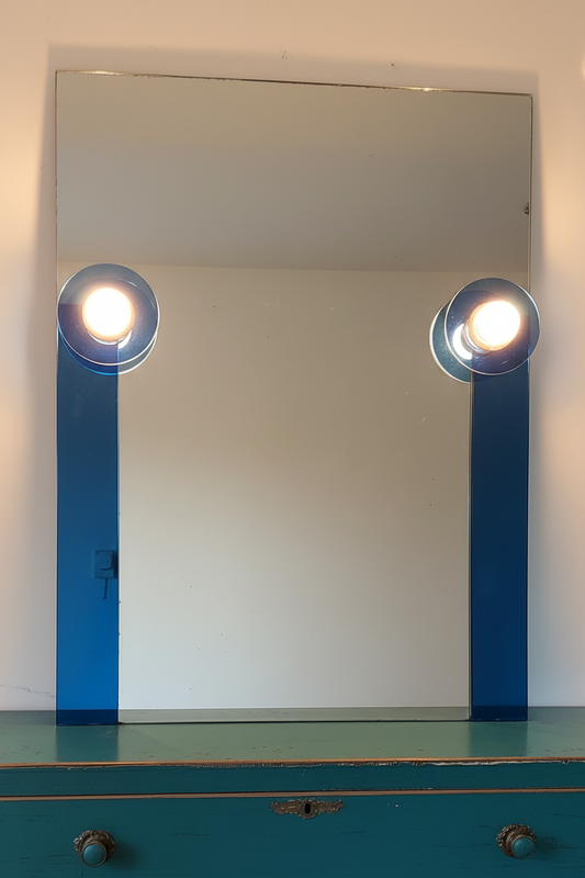 Italian Blue Framed Mirror with lights from the 70s
