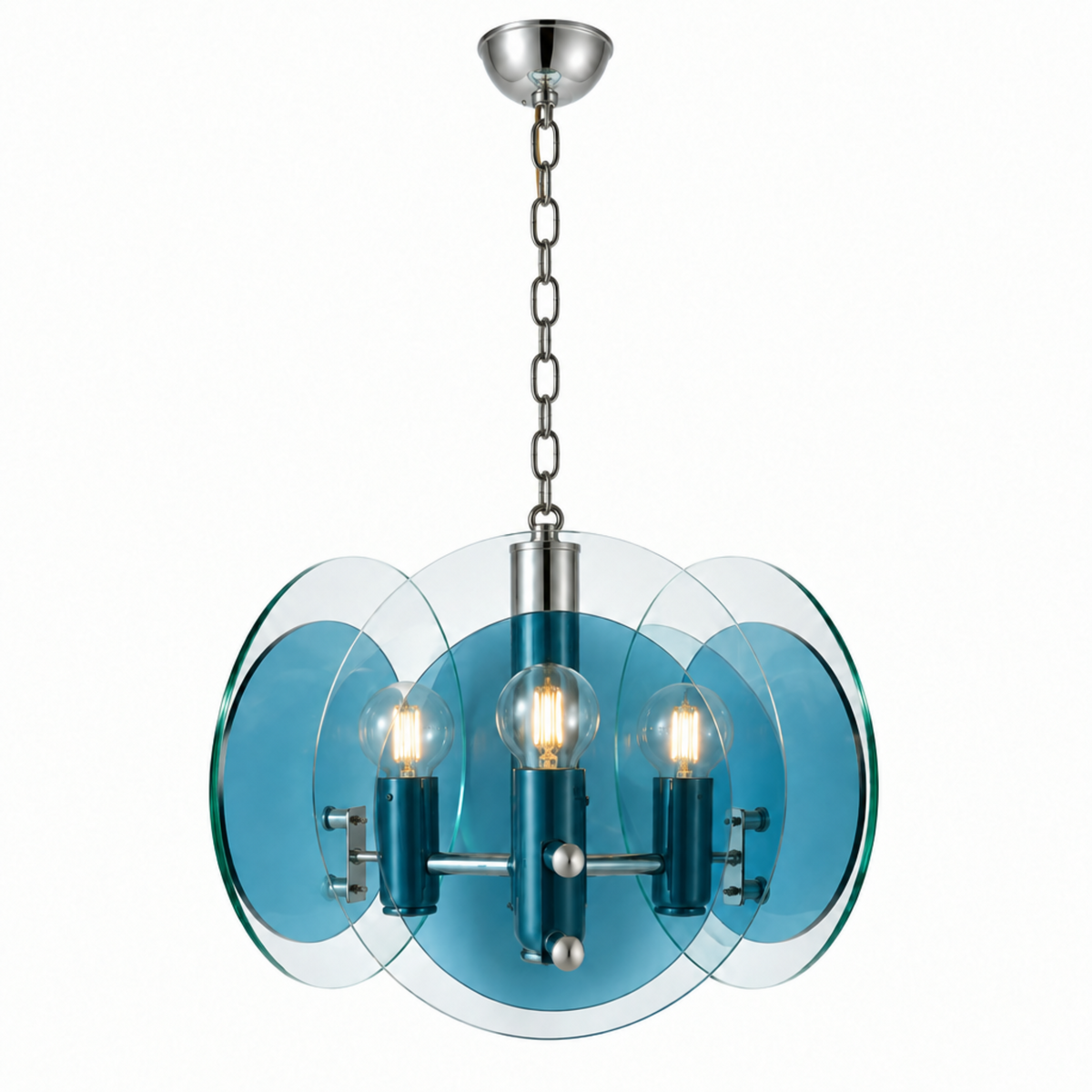 Modern three-light chandelier with a brushed silver metal frame and chain, featuring translucent blue circular glass shades and clear glass globe bulbs, shown against a plain white background.