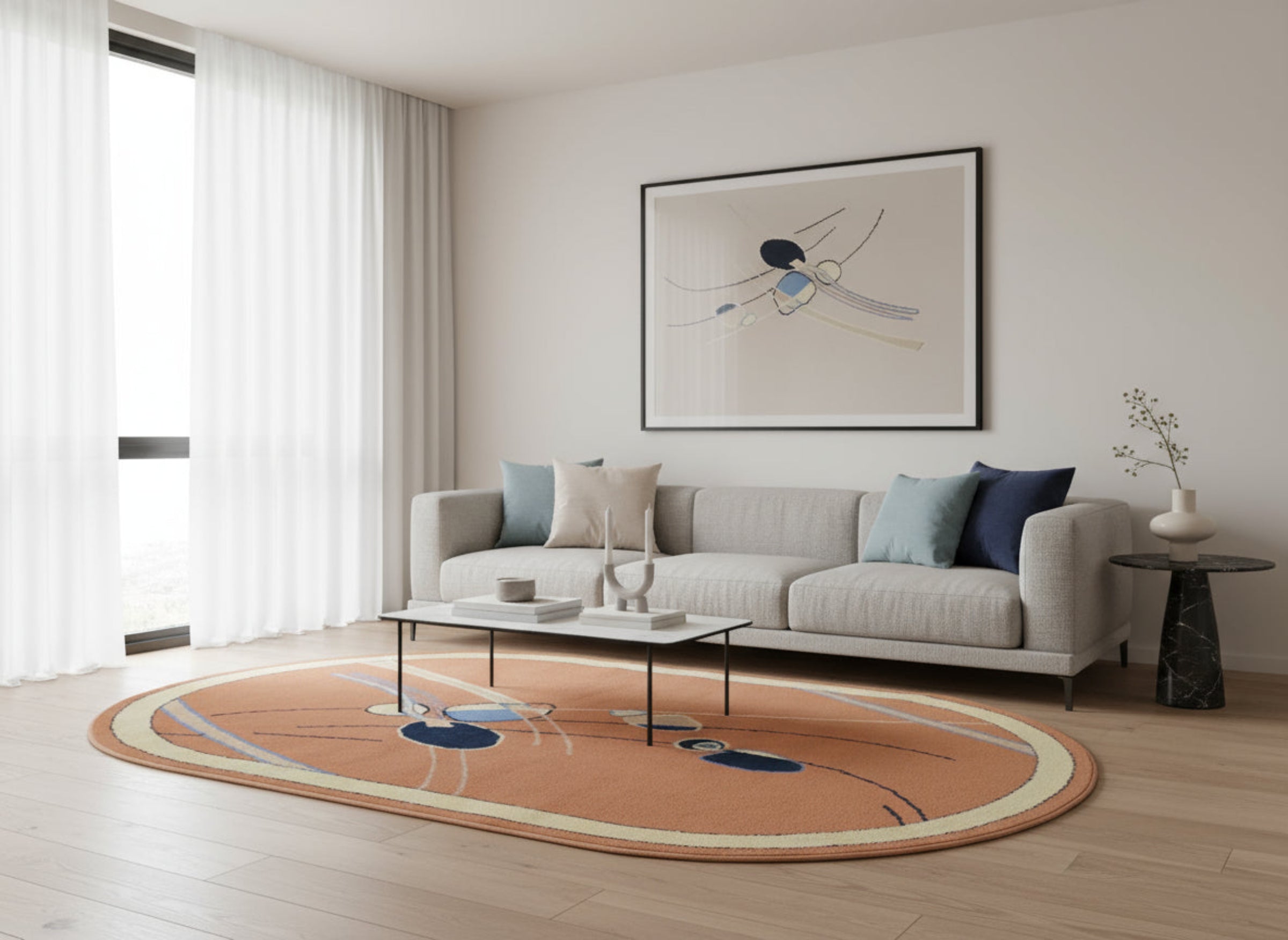 oval retro rug by grey sofa